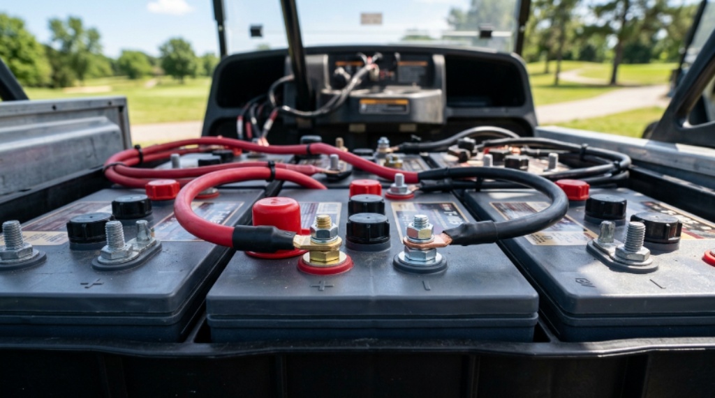 Close-up of clean electric golf cart battery terminals with proper cable connections on a sunny day