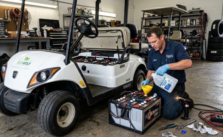 A person checking and filling distilled water in the battery cells of a white electric golf cart in a garage