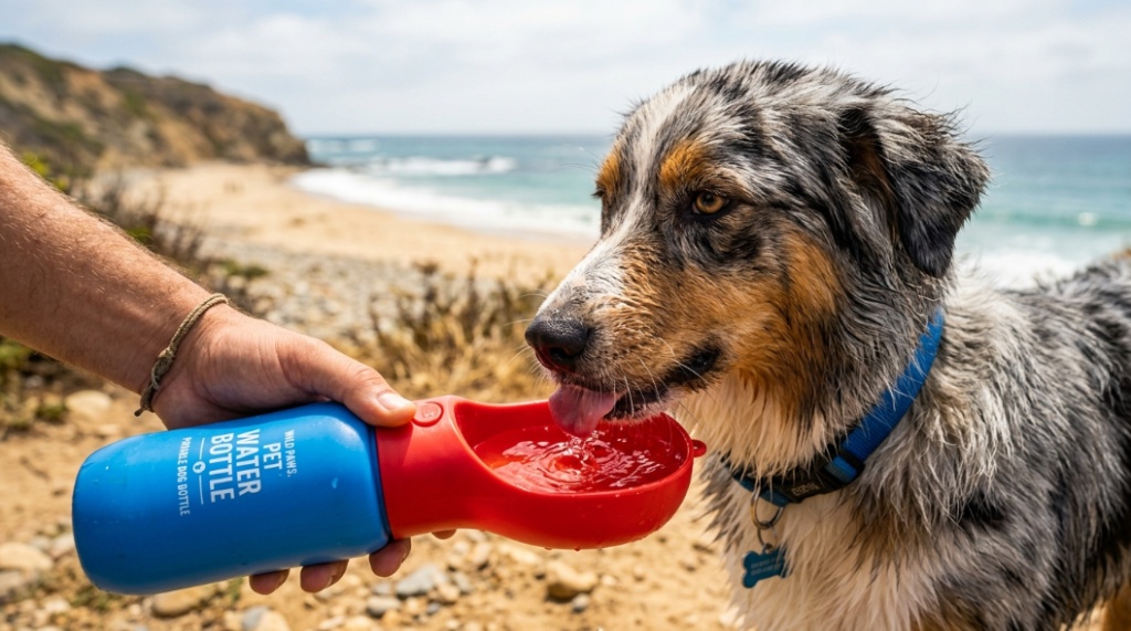 A close-up of an Australian Shepherd dog drinking from a portable travel water bottle on a sunny hike.