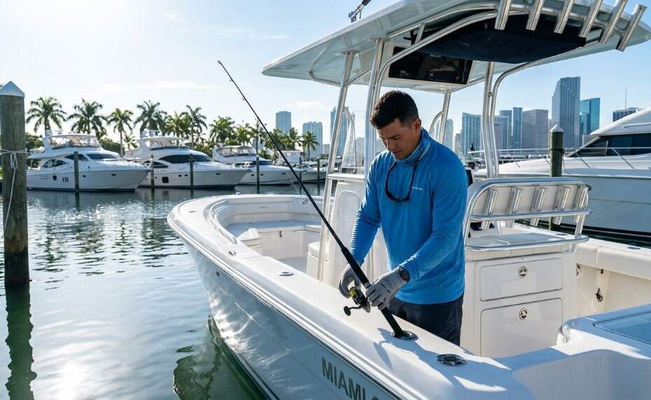 Miami angler preparing offshore fishing boat and tying braid to fluorocarbon knot before sunrise