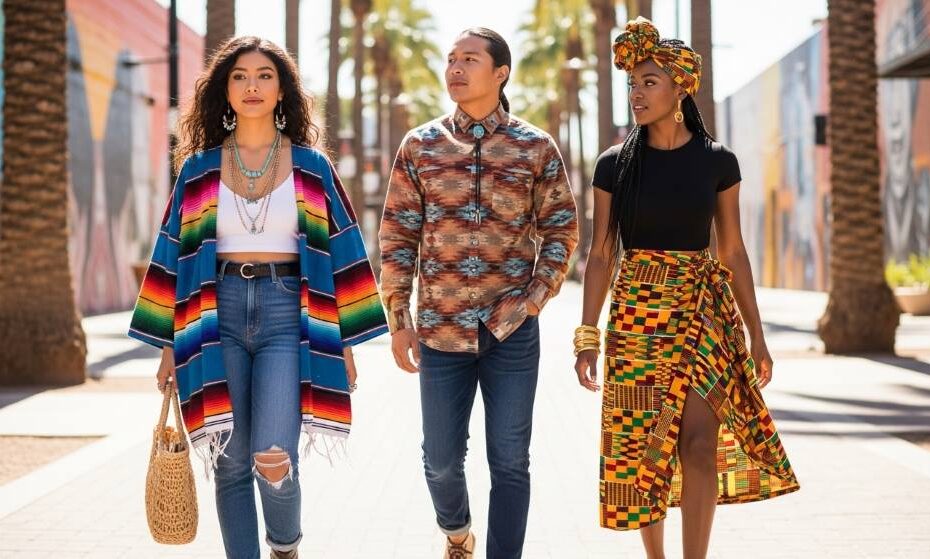 Phoenix influencer styling colorful heritage fabrics with casual streetwear