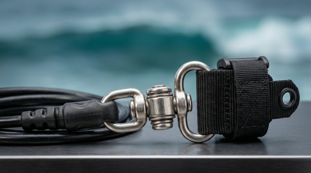 Close-up of a surfer's ankle wearing a tangle-free swivel leash while paddling through ocean waves.