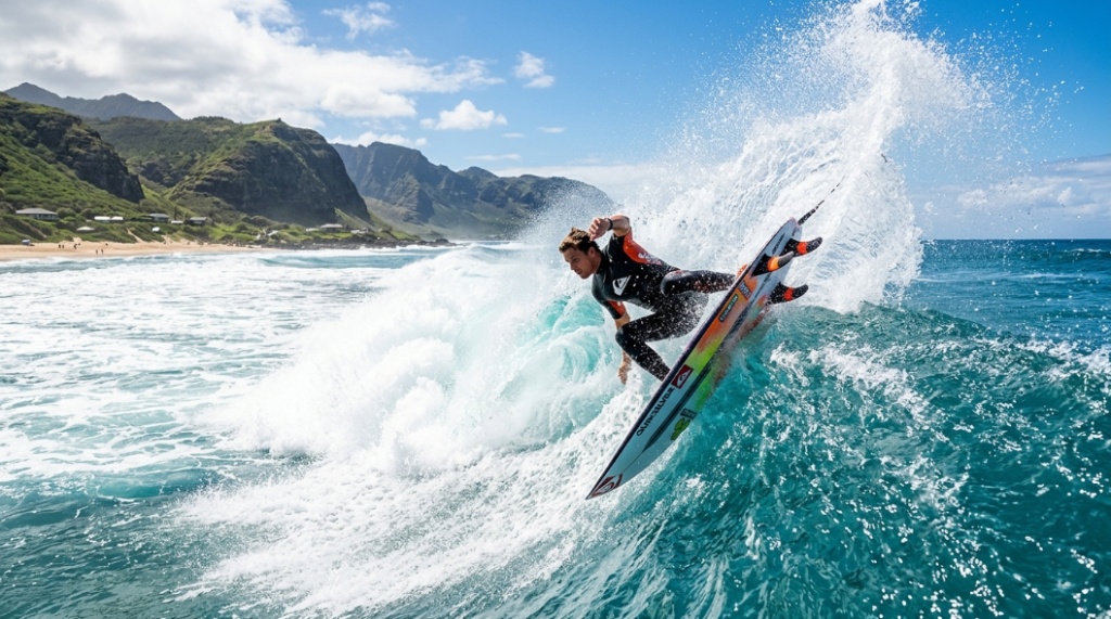 A surfer performing a sharp turn on a large wave, highlighting the grip of a thruster fin setup.