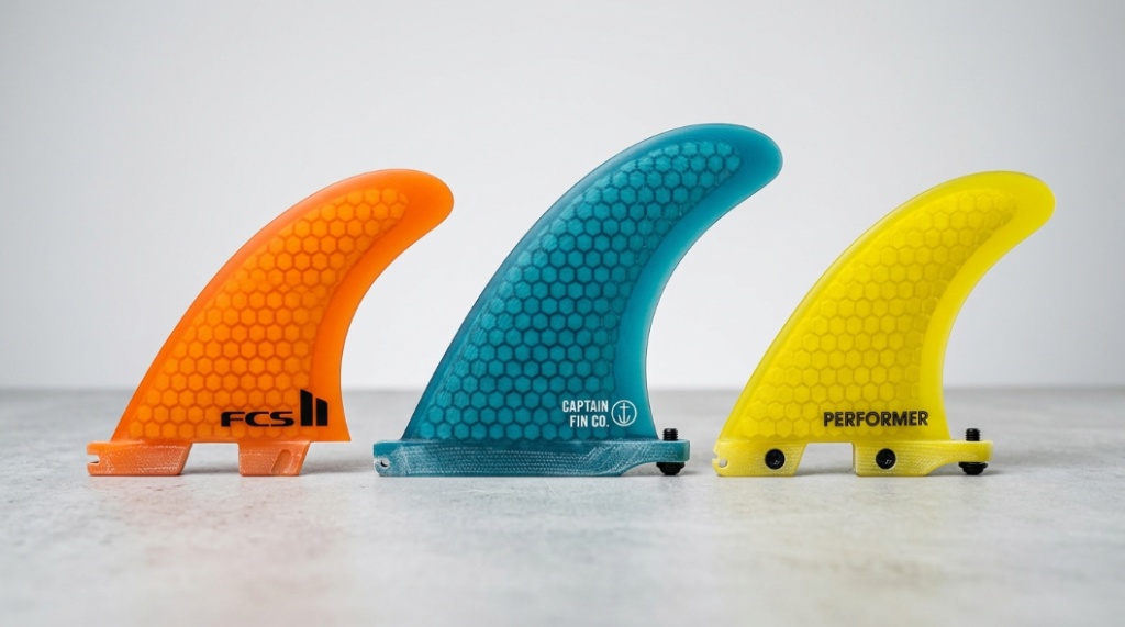 Three colorful surfboard fins arranged on a grey background showing honeycomb texture and foil.