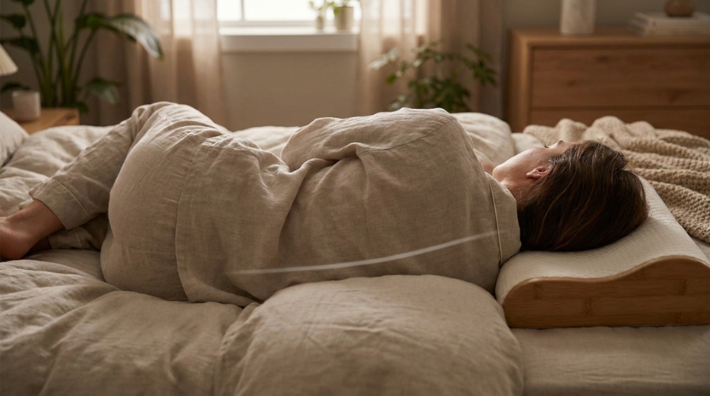Side-Sleeping Posture Alt Text: Person sleeping comfortably on their side with proper neck alignment on a pillow.