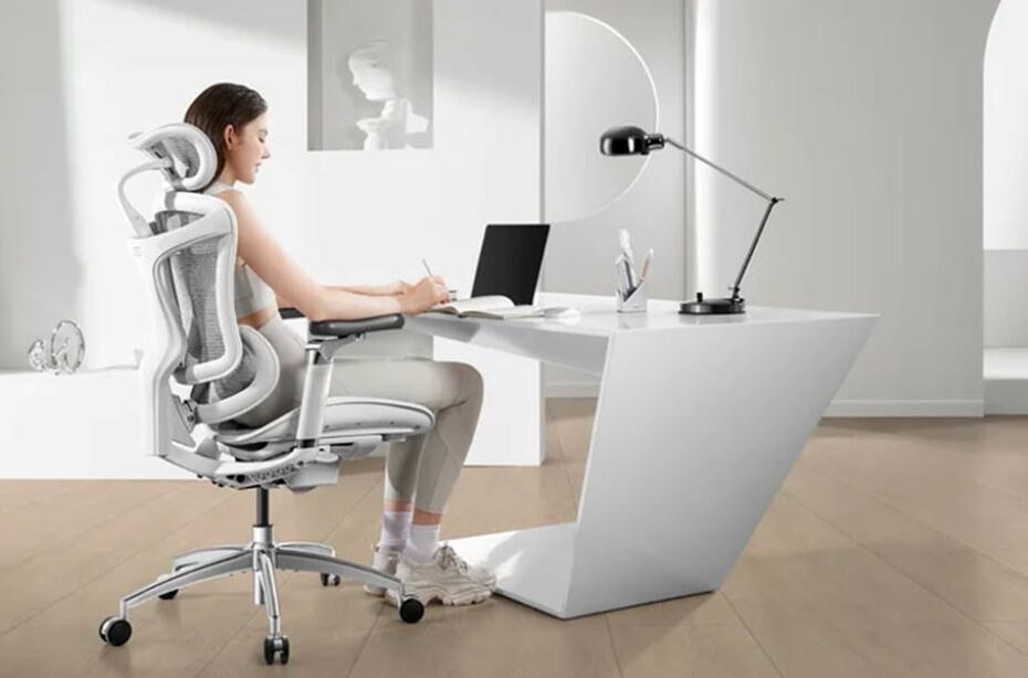 Adjustable ergonomic office chair with lumbar support in a modern workspace