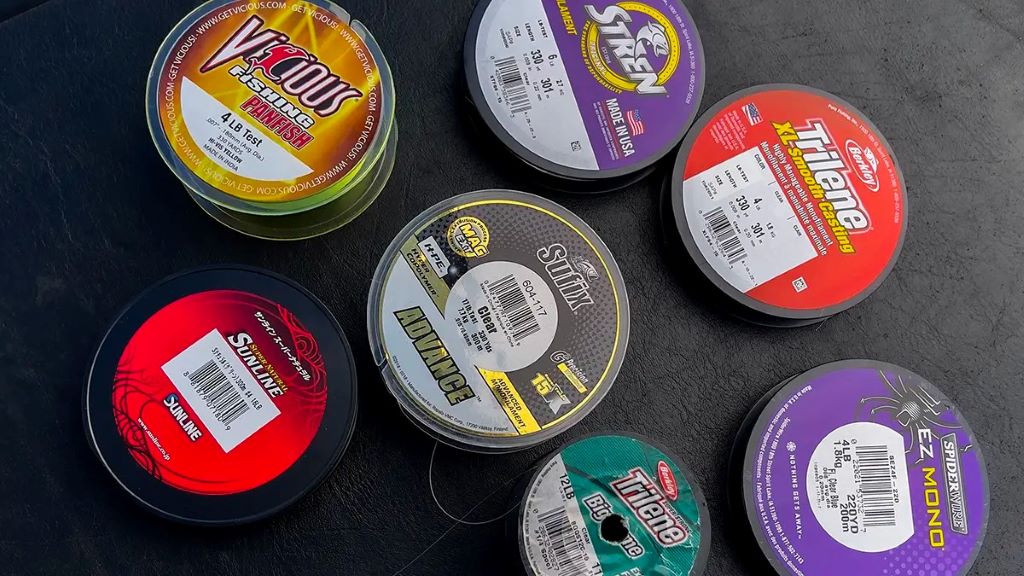 Fishing line spools labeled with various pound-test strengths