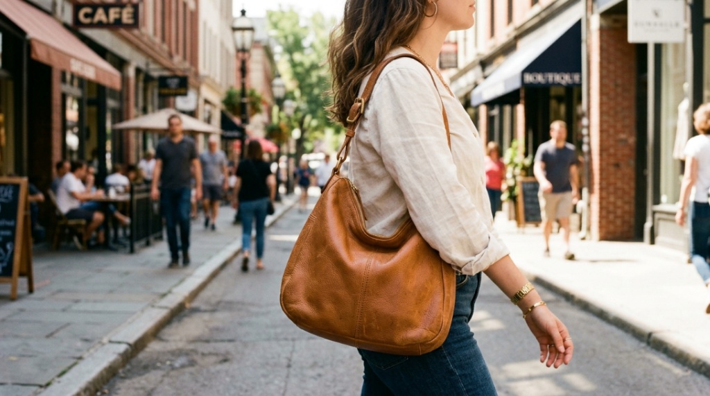 Showing the hobo bag being worn to highlight its slouchy, ergonomic fit.