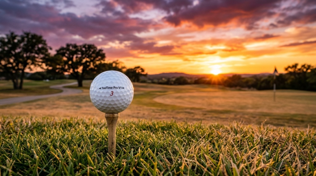 Close up view of a golf ball landing on tight, dry fairway turf.