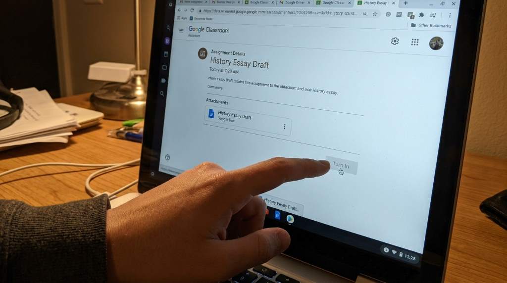 Google Classroom assignment status showing Turned In in green label