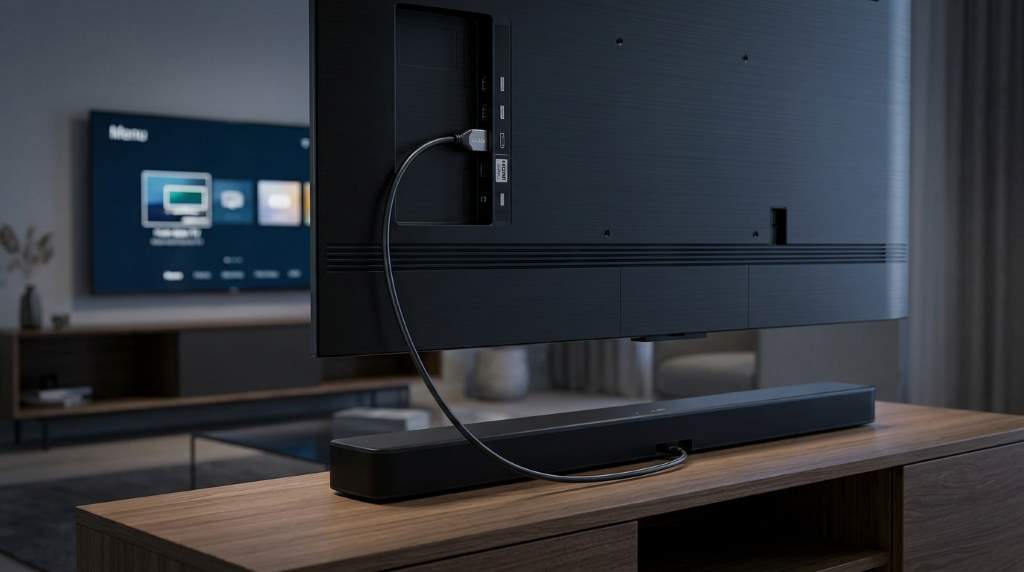 Soundbar placed below flat screen TV with HDMI eARC setup
