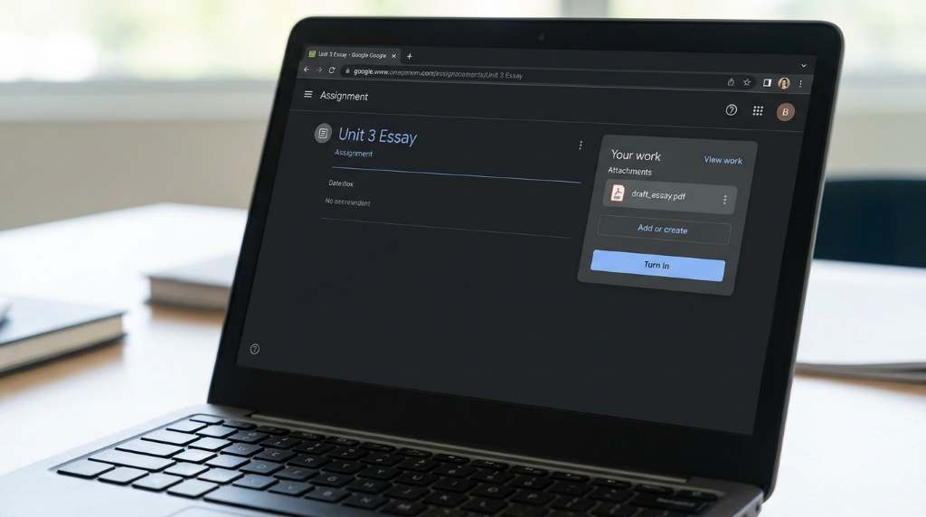Student clicking Turn In button on Google Classroom assignment page