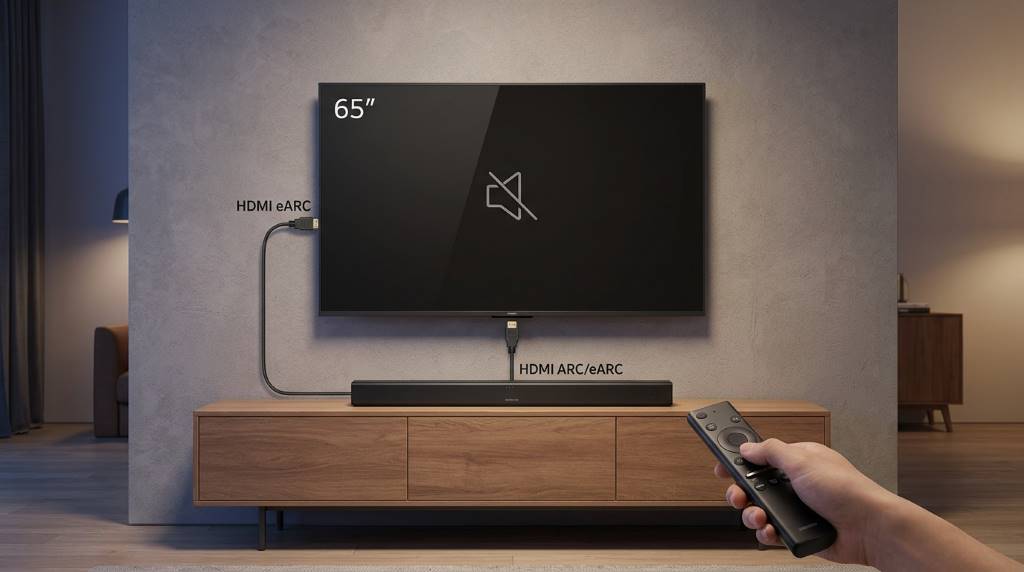 TV back panel showing HDMI eARC port connection with soundbar cable
