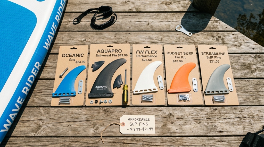 Flat lay of affordable SUP fin kits and tools on a wooden deck.