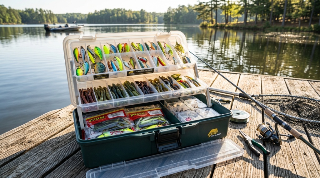 Open utility tackle box filled with colorful bass fishing lures on a dock.