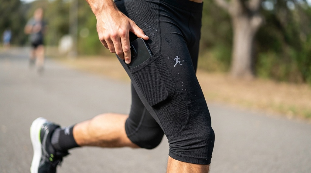 Close up of a man placing a phone into high waistband capri leggings pocket.