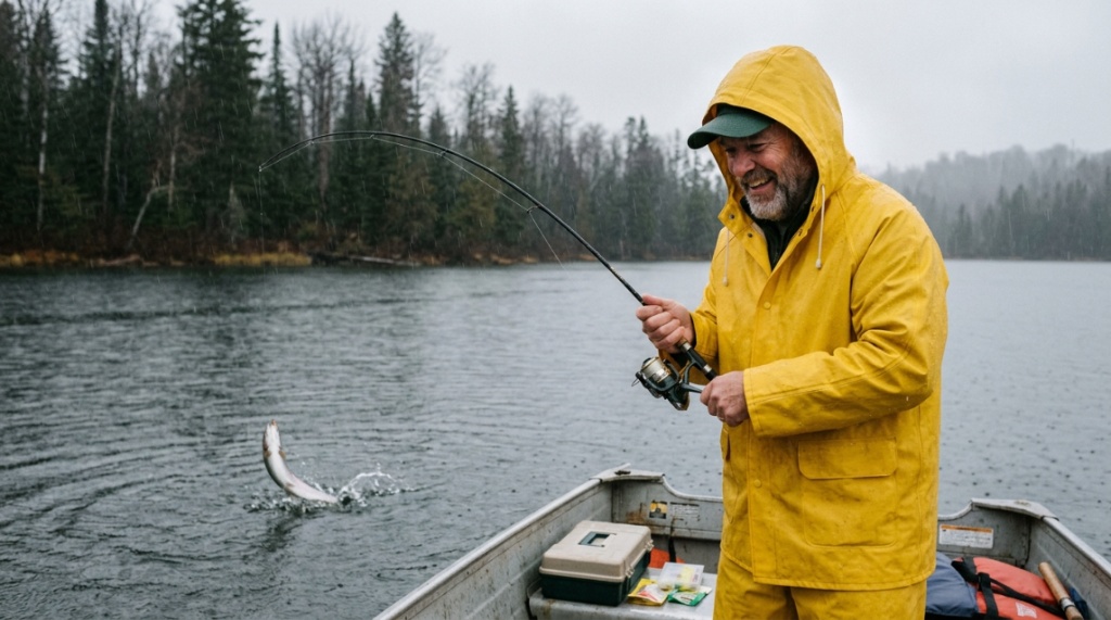 Angler wearing affordable yellow rain suit reeling fish in heavy rain.