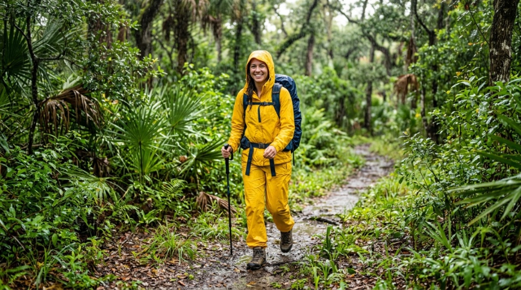Person in bright rain suit hiking in Florida rain.