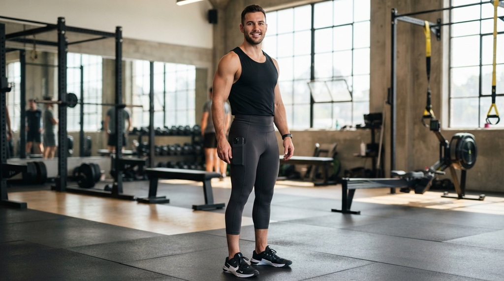 A man in a gym wearing high waisted capri leggings with a phone in side pocket.