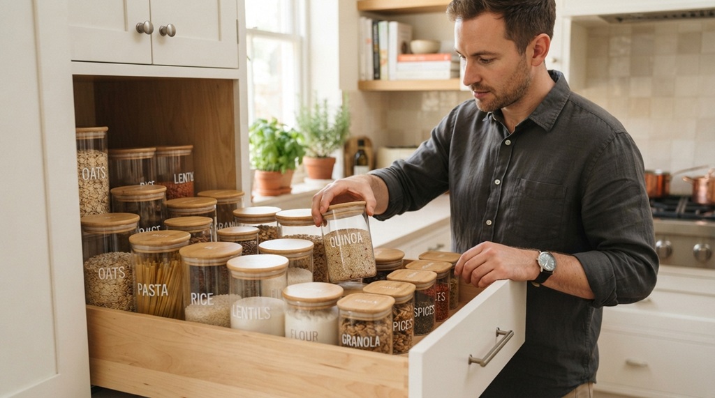Male hands arranging labeled glass food containers inside a open pantry drawer.
