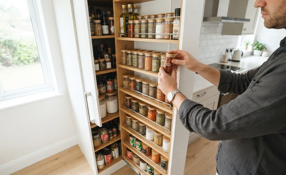 A man organizing spices inside a tall white pull-out kitchen pantry cabinet.