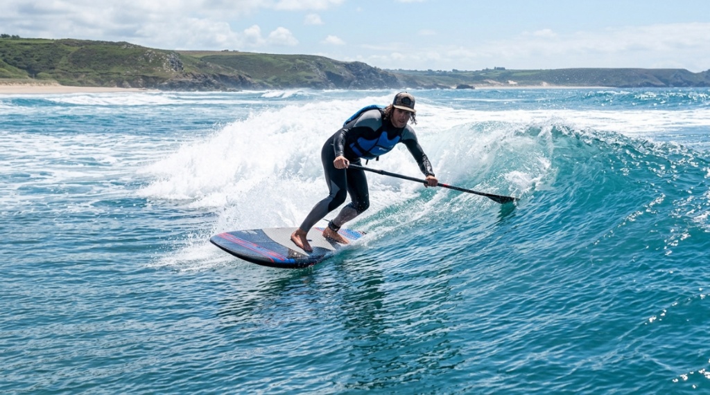 Paddleboarder carving a ocean wave using a performance fin kit.