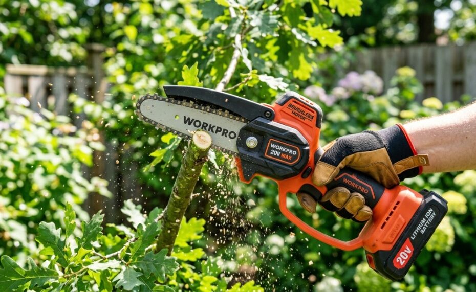 Close-up of a brushless motor mini chainsaw cutting a tree branch.