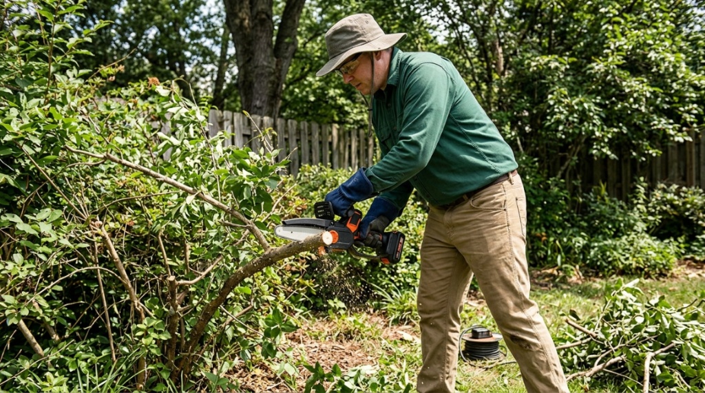 Person using a handheld mini chainsaw for garden maintenance.