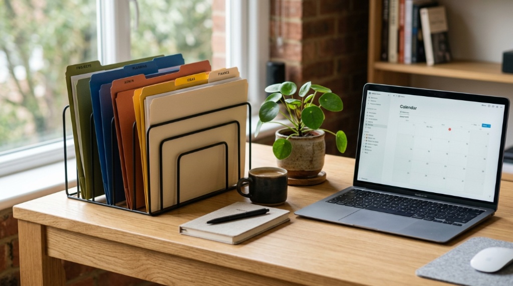 Clean wooden desk with minimalist file organizer and laptop