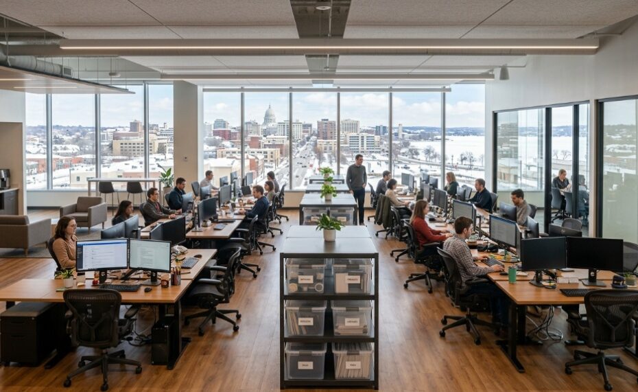 Modern bright office with neatly organized desks and storage bins.