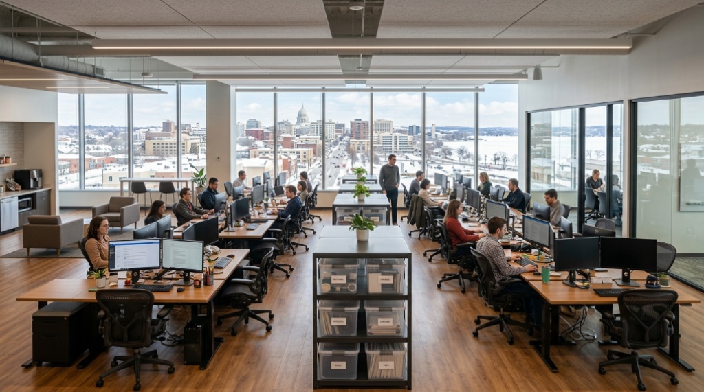 Modern bright office with neatly organized desks and storage bins.