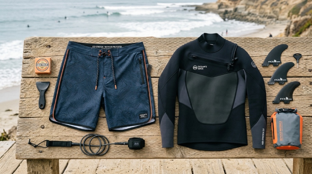 Flexible recycled boardshorts and neoprene wetsuit laid out flat.