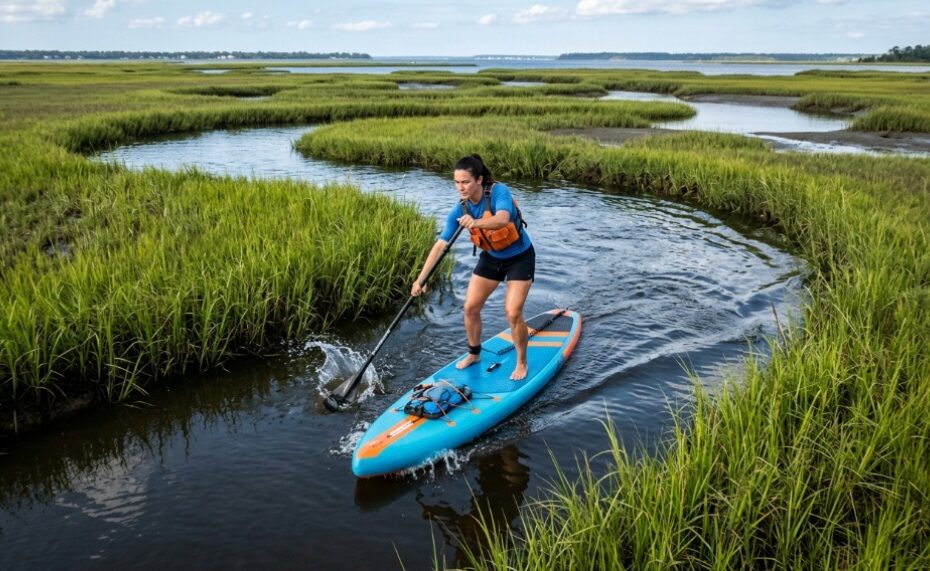 Person paddle boarding across calm Outer Banks waters during sunset.