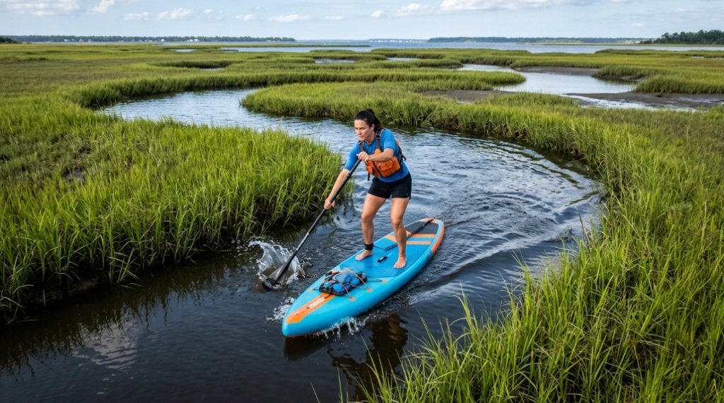 Person paddle boarding across calm Outer Banks waters during sunset.