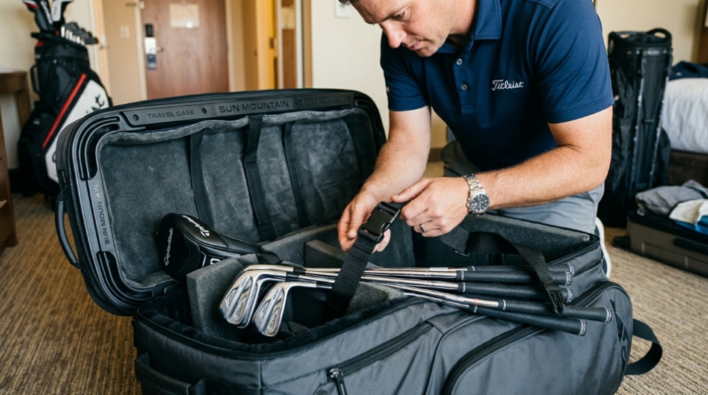 Golfer securing golf clubs inside a padded soft travel bag.
