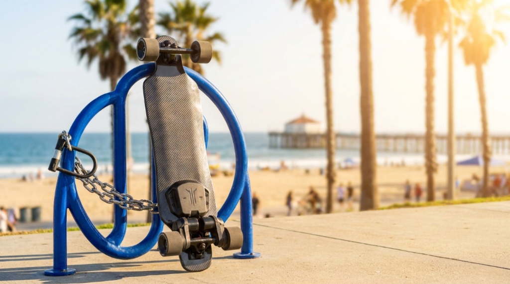 Skateboard securely locked to a metal bike rack on a sunny California boardwalk.