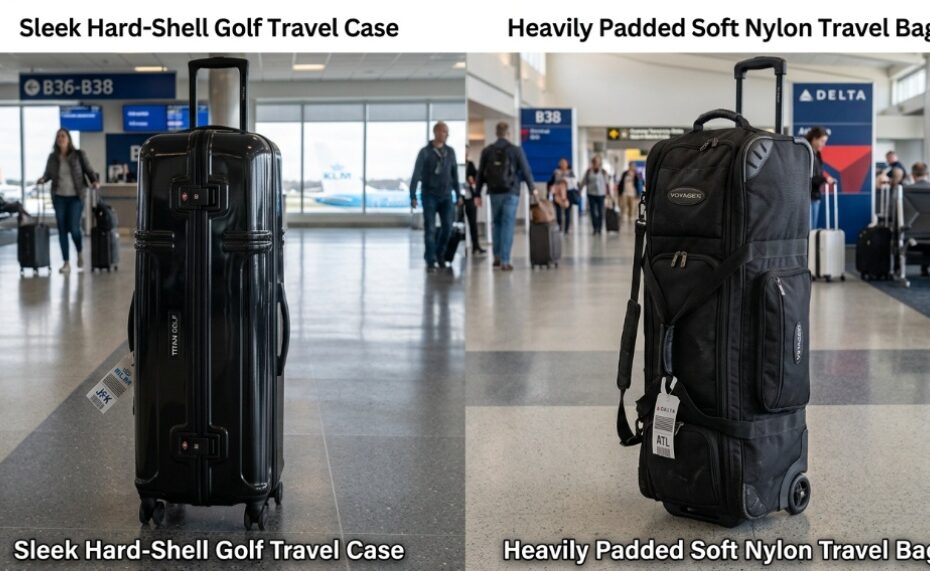 Hard and soft golf travel cases standing together at an airport terminal
