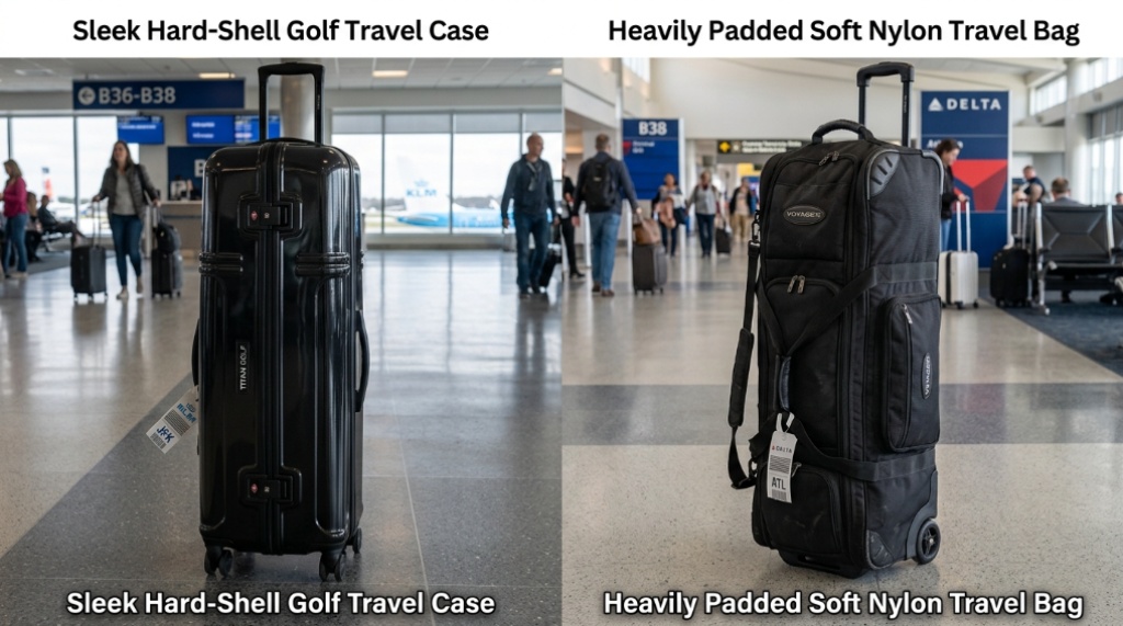 Hard and soft golf travel cases standing together at an airport terminal