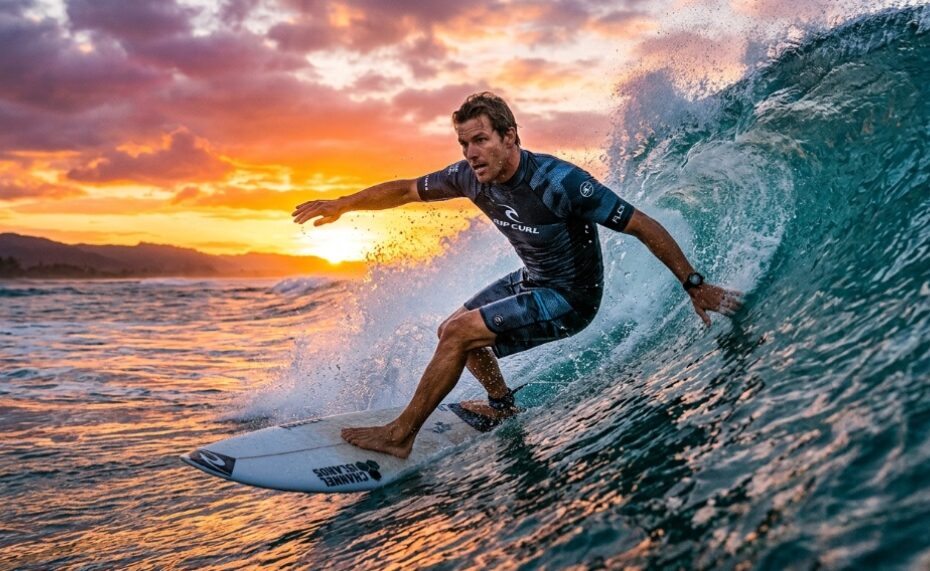 Surfer wearing modern high-performance apparel riding an ocean wave.