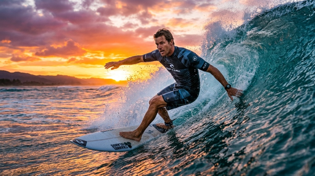 Surfer wearing modern high-performance apparel riding an ocean wave.