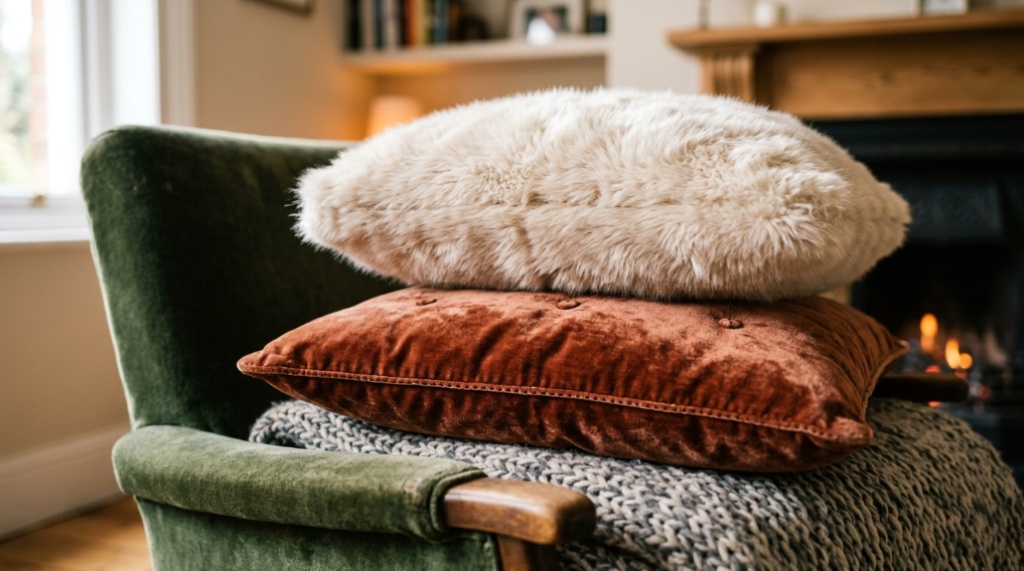Close-up of layered knit and velvet decorative pillows on a living room sofa.